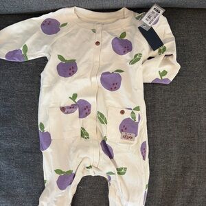 Souris Mini Cream Romper with Purple and Green Print